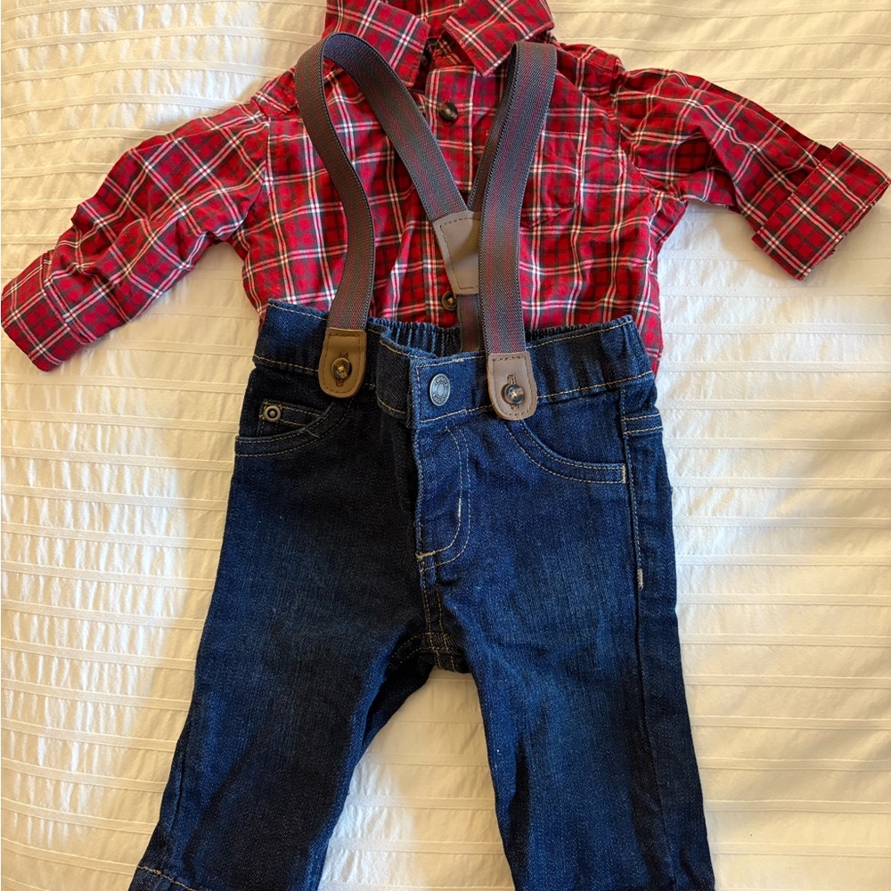 Carter's Red Plaid Shirt and Denim Overalls Set